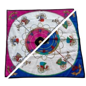 Pair CELINE Paris Cotton Equestrian Handkerchief Pocket Square Scarf Blue & Pink